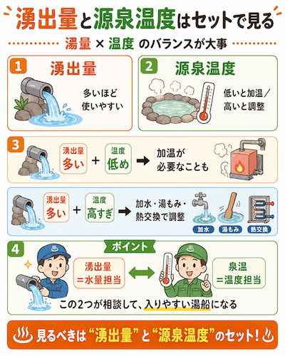 湧出量と源泉温度はセットで見る