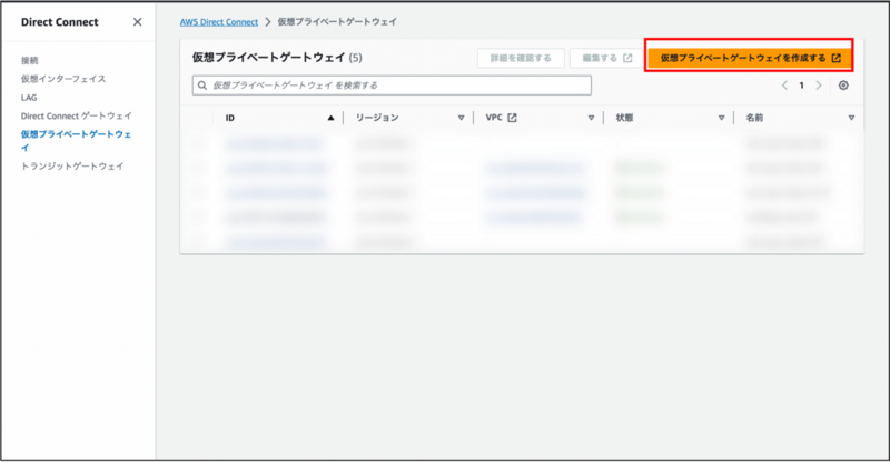 AWSコンソールで仮想プライベートゲートウェイを作成を押す