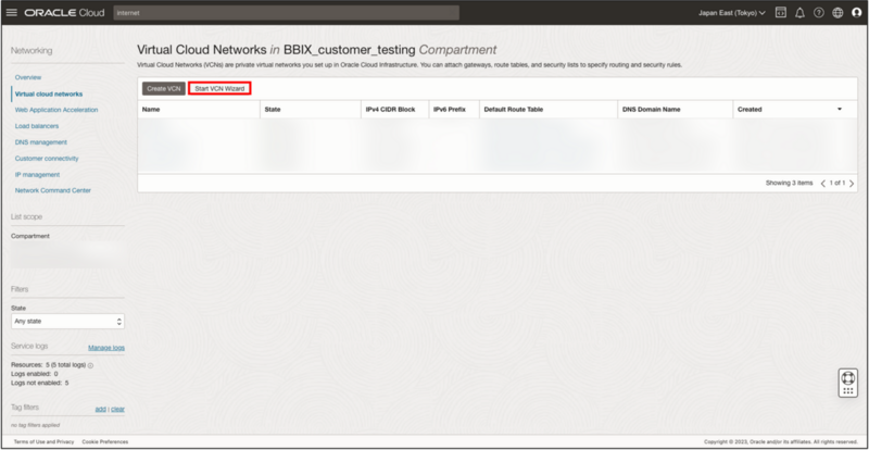 AWSコンソールでStart VCN Wizardを押す