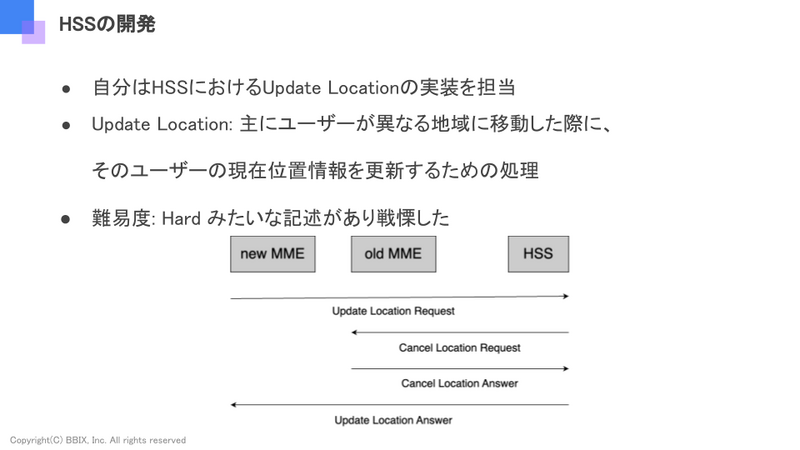 CNTOM2023発表資料より、初タスクであるUpdate Locationの実装に関する具体的な説明とシーケンス図のスライド。説明内容は以下に記載の通り。シーケンス図は、「Update Location Request」、「Cancel Location Request」、「Cancel Location Answer」、「Update Location Answer」の順番で処理が行われていることを示しています。