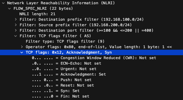 3つ目のBGP UpdateパケットのNLRI部分のWiresharkスクリーンショット。NLRIを見てみると、期待通りにTCP FlagsフィルタリングとしてSYNとACKがセットされていることがわかる。