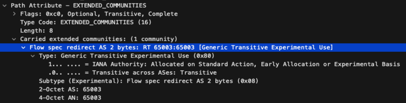 3つ目のBGP UpdateパケットのBGP Extended Community部分のWiresharkスクリーンショット。EXTENDED_COMMUNITIESを見ていくと、期待通りにRedirectのアクションがType 0x8008形式でエンコードされていることがわかる。