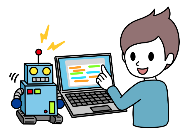 イラスト。ノートパソコンの前に男性が、横にロボットがいる。画面に表示された資料について男性とロボットが意思疎通している。