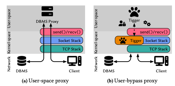 Tiger の User-bypass proxy の説明で、カーネル内部のソケットスタックに eBPF プログラムとしてプロキシ処理が置かれている