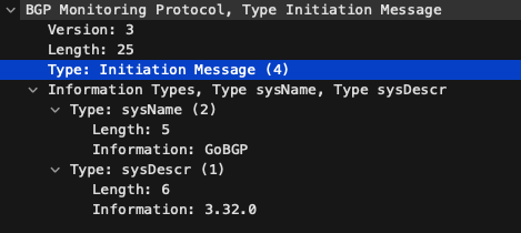 Wireshark画面でのBGP Monitoring Protocolパケットでタイプがinitiation Messageのキャプチャのスクリーンショット。