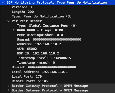 Wireshark画面でのBGP Monitoring ProtocolパケットでタイプがPeer Up Notificationのキャプチャのスクリーンショット。