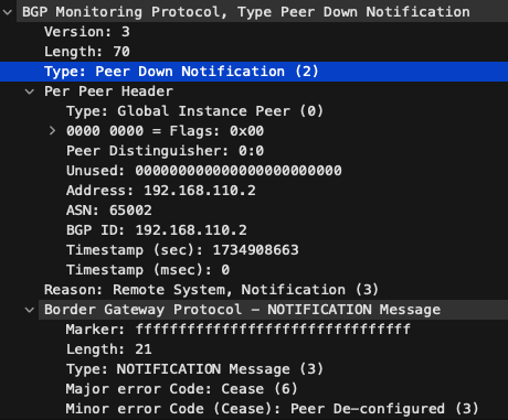 Wireshark画面でのBGP Monitoring ProtocolパケットでタイプがPeer Down Notificationのキャプチャのスクリーンショット。