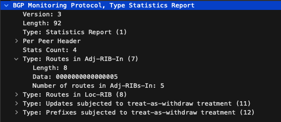 Wireshark画面でのBGP Monitoring ProtocolパケットでタイプがStatistic Reportのキャプチャのスクリーンショット。