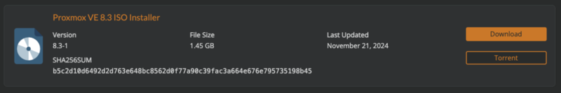 Proxmox公式ページにある、ISOイメージのダウンロードページ