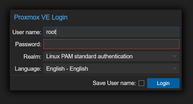 Proxmox VEのログイン画面