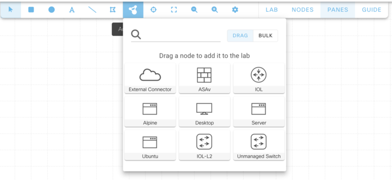 ワークベンチ上でAdd Nodeをクリックした際の画面。ルーターやPC含む様々な機器が登録されていることを確認する