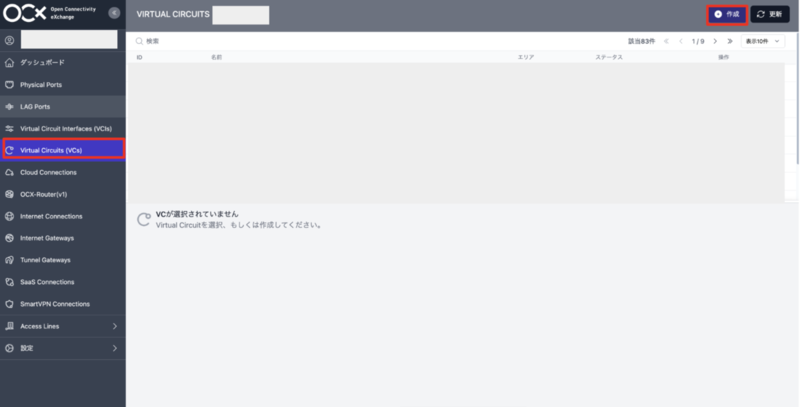 OCXポータルのVirtual Circuits (VCs)一覧画面。「作成」ボタンが強調表示されている。