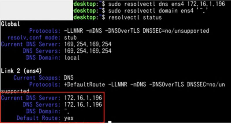 Ubuntu Desktopのネットワーク設定画面。DNSサーバーのアドレスをAzure DNS Private Resolverの受信エンドポイントIPアドレスに変更している様子。