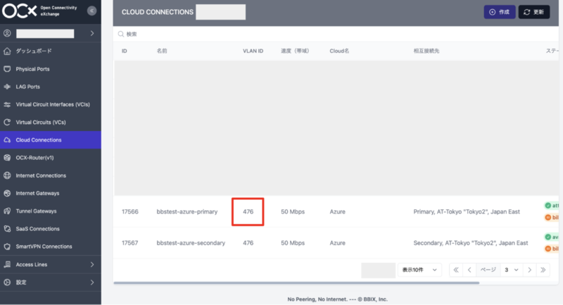 OCXポータルのCloud Connection詳細画面。作成されたAzure CCのVLAN IDが表示されている箇所が示されている。