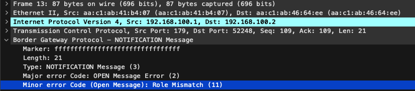 Role Mismatch NotificationのパケットをWiresharkで表示しているスクリーンショット