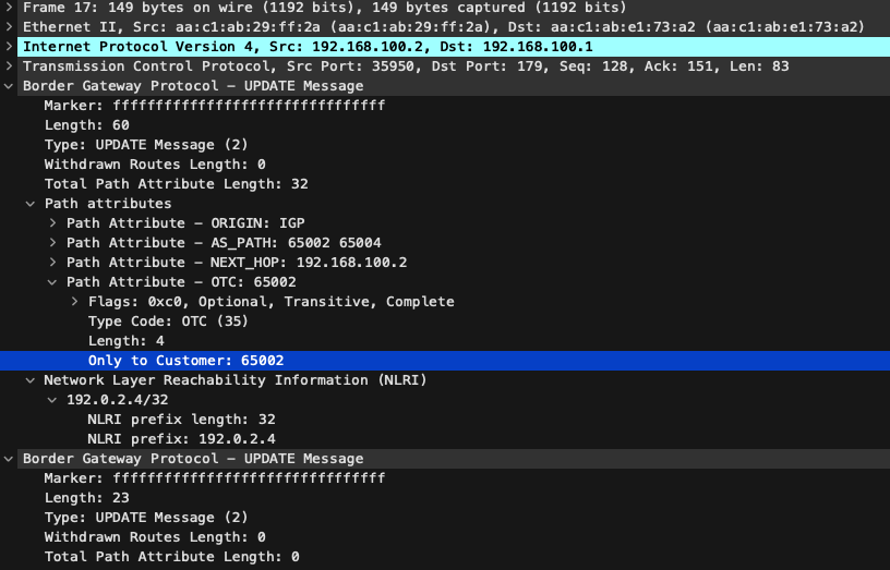 AS65002からAS65001へのBGP UPDATEをWiresharkで表示しているスクリーンショットで、OTC Attributeに65002の値が設定されている
