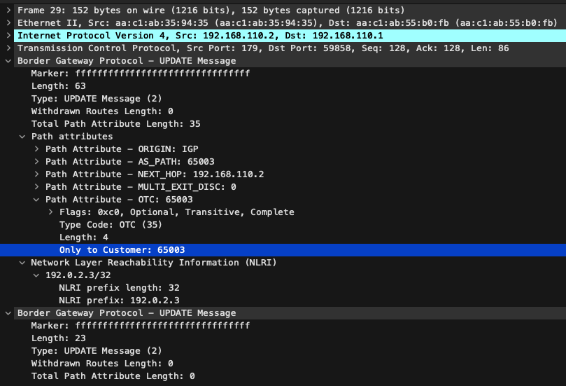 AS65003からAS65002へのBGP UPDATEをWiresharkで表示しているスクリーンショットで、OTC Attributeに65003の値が設定されている