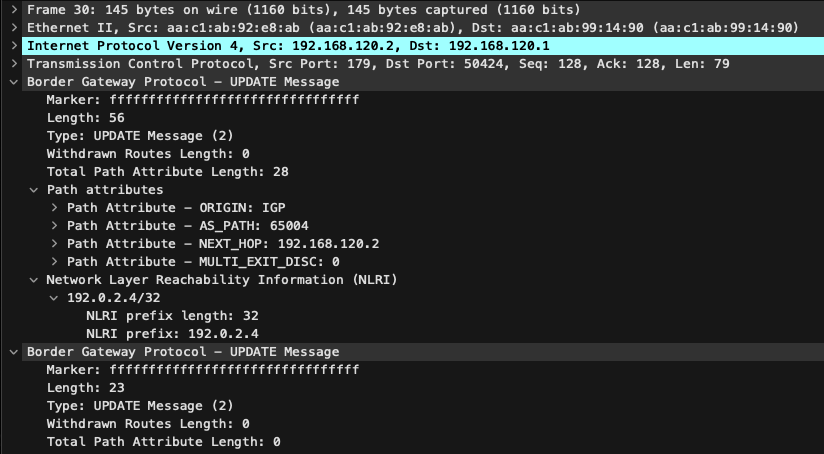 AS65004からAS65002へのBGP UPDATEをWiresharkで表示しているスクリーンショットで、OTC Attributeが設定されていない