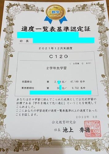 公文 年長 進度一覧表基準認定証 12月時点 おうち学習備忘録