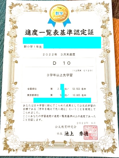 公文 年長 進度一覧表基準認定証 3月時点 おうち学習備忘録