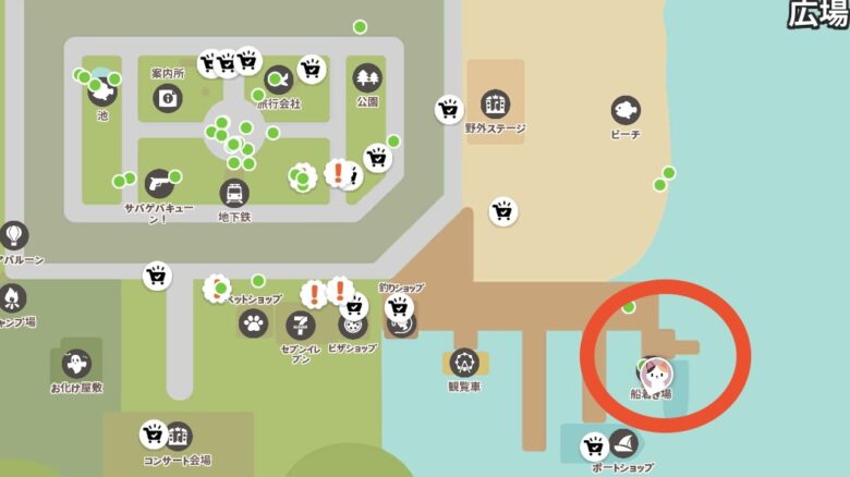 広場の地図で船着き場に○の印がついている写真