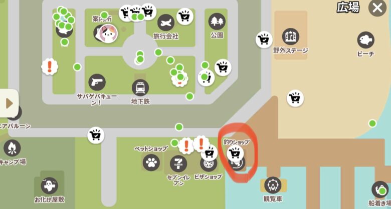 広場の地図の『釣り人ショップ』の位置をしめした写真