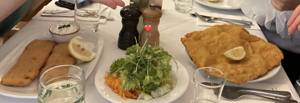 チーズコロッケ、サラダ、シュニッツェル