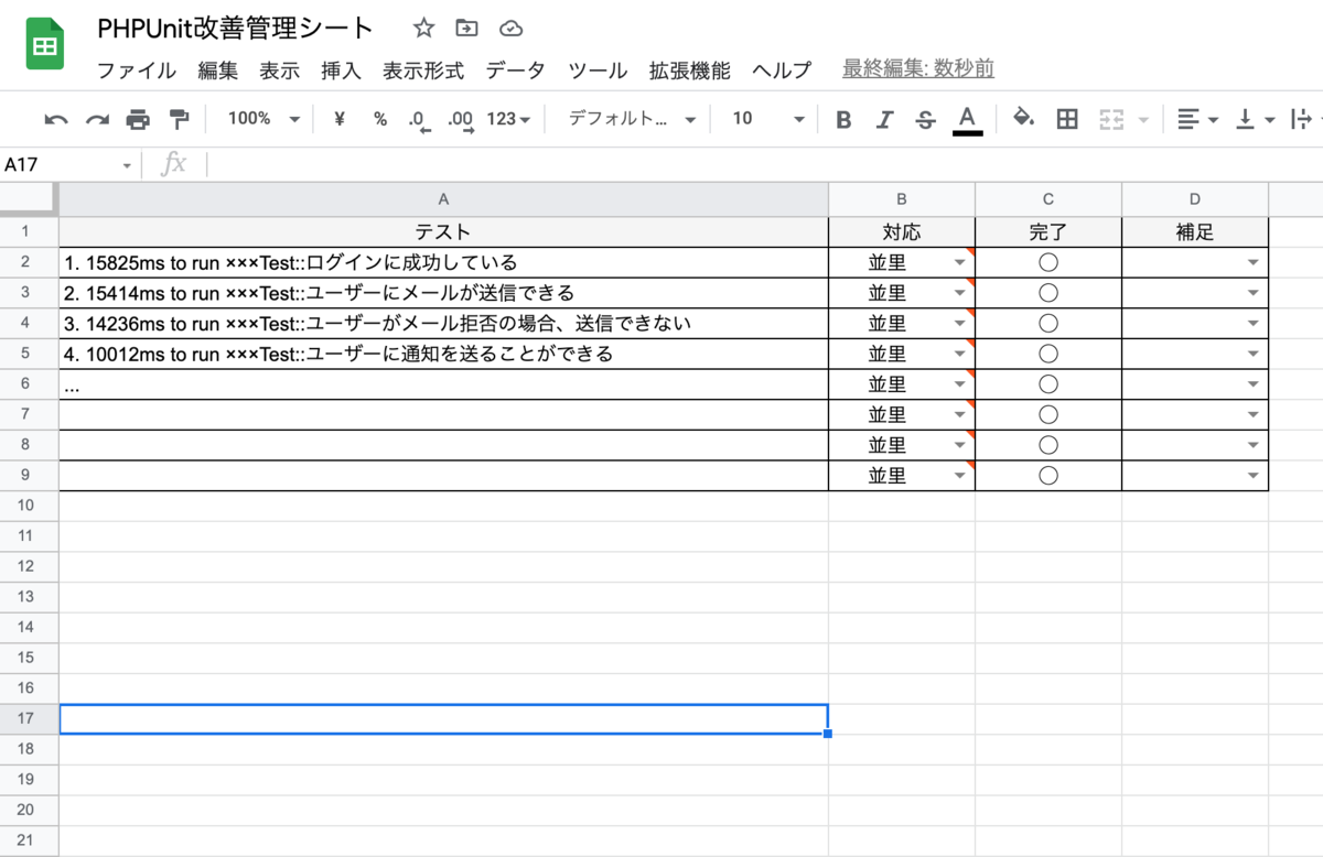 時間の掛かっているテストケースの管理シート