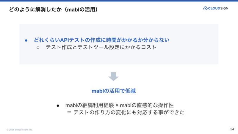どのように解消したか(mablの活用)を説明するスライド(P.24)。mablの利点を紹介している。