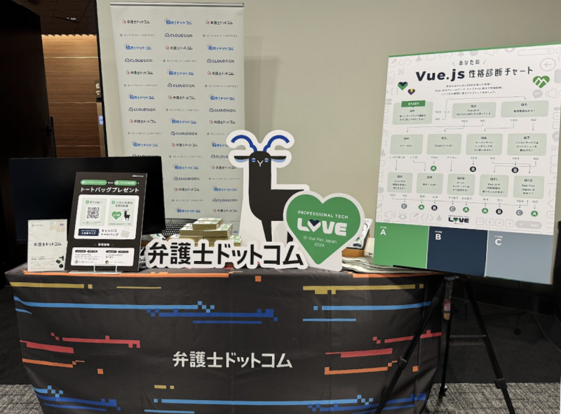 弁護士ドットコム株式会社のスポンサーブースの写真。机には黒いテーブルクロスがしかれ、上にクラウドサインマスコットキャラクターのカプラやハートの形をしたパネルがおかれている。