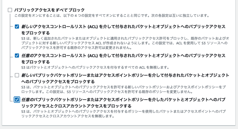 バケットポリシーが編集できるようなパブリックアクセスの設定