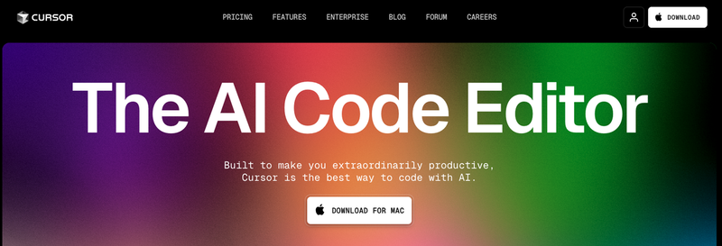 Cursorの詳細ページ「The AI Code Editor」と記載されている