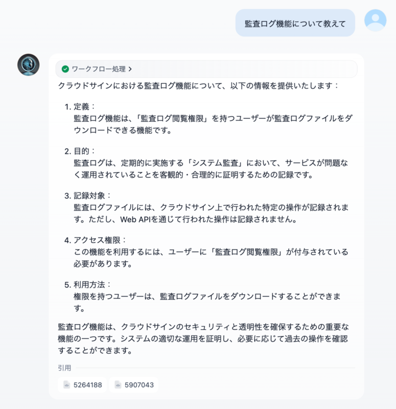 スクリーンショット: Deborah がクラウドサインの監査ログ機能について回答している様子