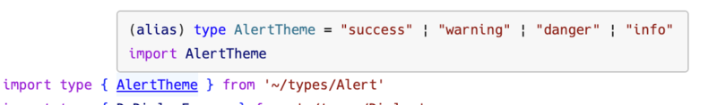 Visual Studio Codeにおいて、Delta Wing UI上のshowAlertの第二引数 `theme` にホバーして型定義を表示している様子。"success", "warning", "danger", "info"の4種のユニオン型。