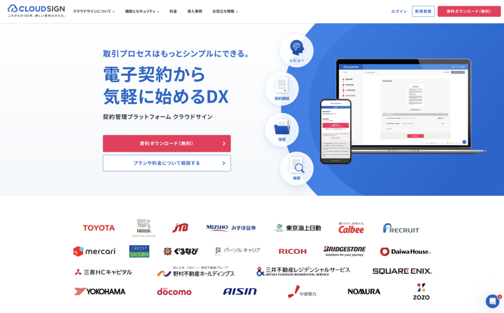 クラウドサインのトップページのスクリーンショット