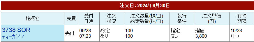 ティーガイア　注文照会画面