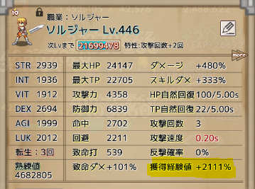 ドロップハンター ソルジャーの経験値補正2000%越え!
