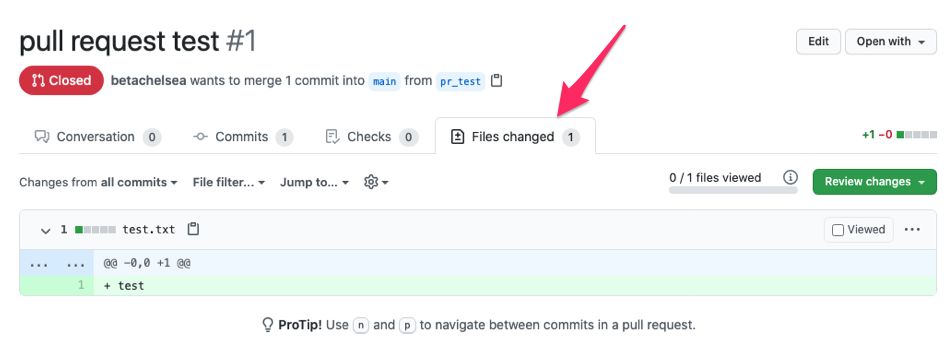 GitHubのPullRequestページのFiles changedのタブ