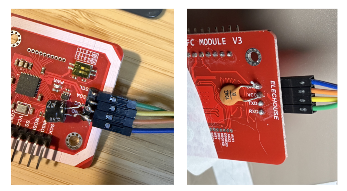 コンデンサをはんだ付けした後のPN532のウラ・オモテ