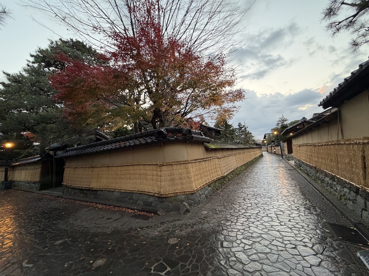 石畳と土塀の路地。土塀には藁で編んだ覆いがかかっている様子(こも掛け)