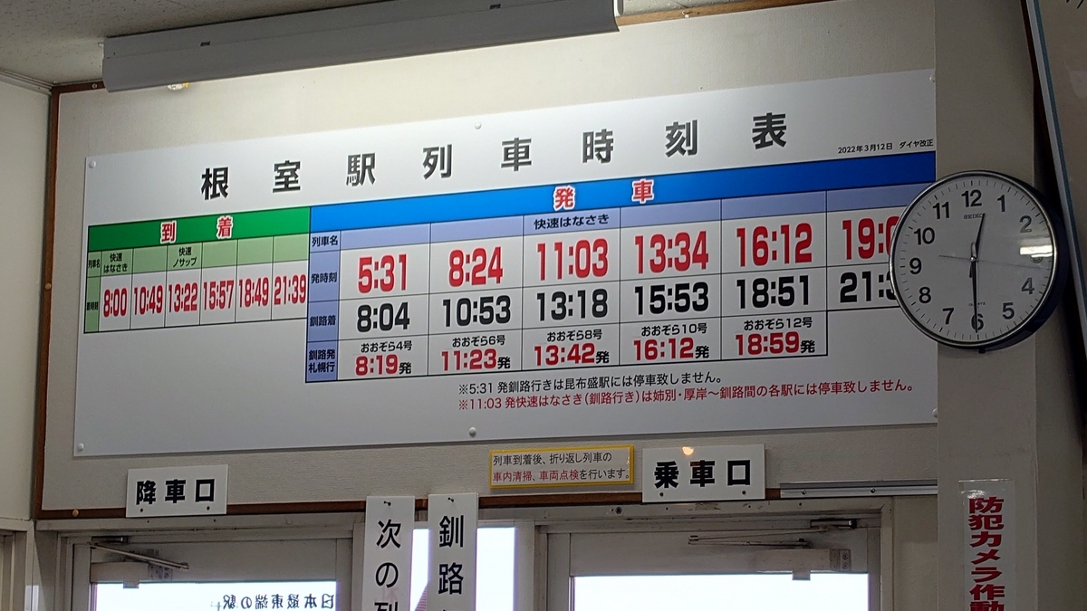 JR根室駅 発着時刻表