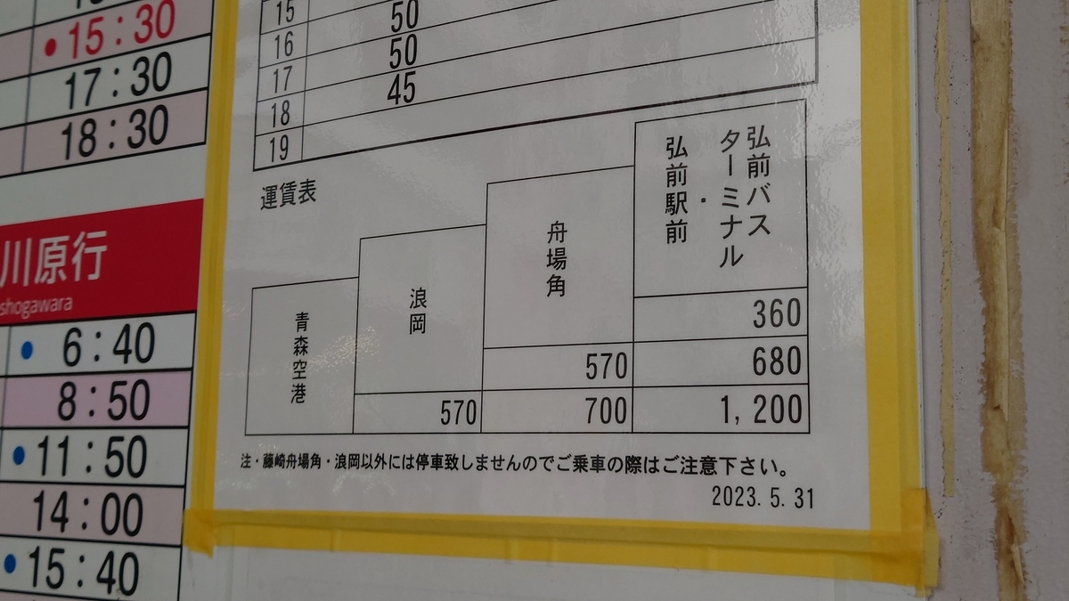 弘前発青森空港行き 運賃表