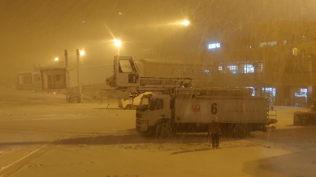 JAL2809便 青森空港の駐機場 大雪