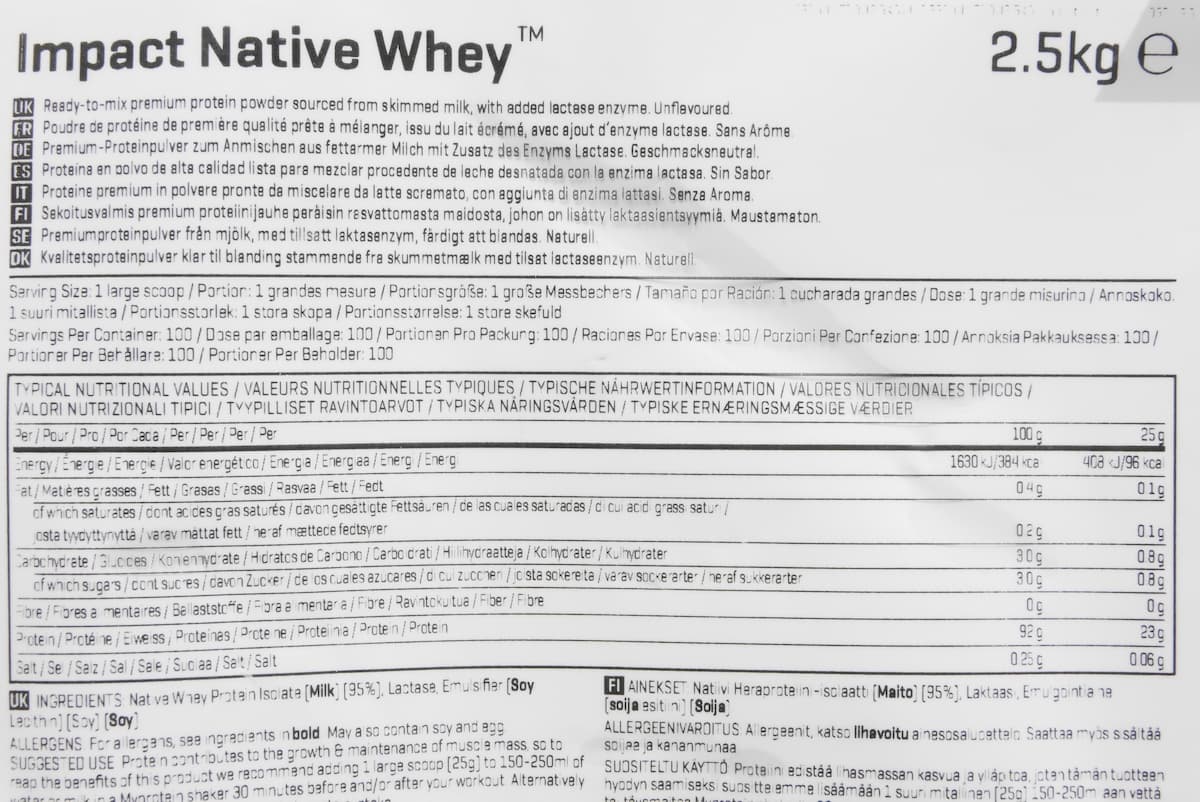 ネイティブホエイアイソレートの栄養成分