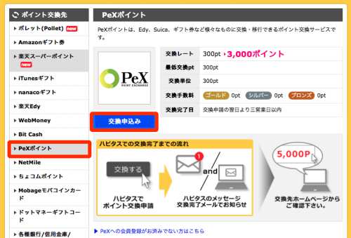 ハピタスからPeXへのポイント交換方法1 ハピタスからPeXへのポイント交換方法1