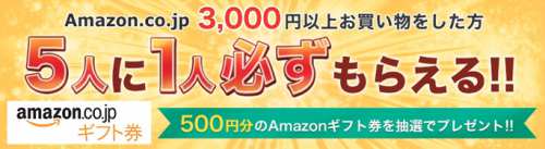 Amazonで3,000円以上お買い物したら5人に1人500円分のAmazonギフト券が当たるキャンペーン Amazonで3,000円以上お買い物したら5人に1人500円分のAmazonギフト券が当たるキャンペーン