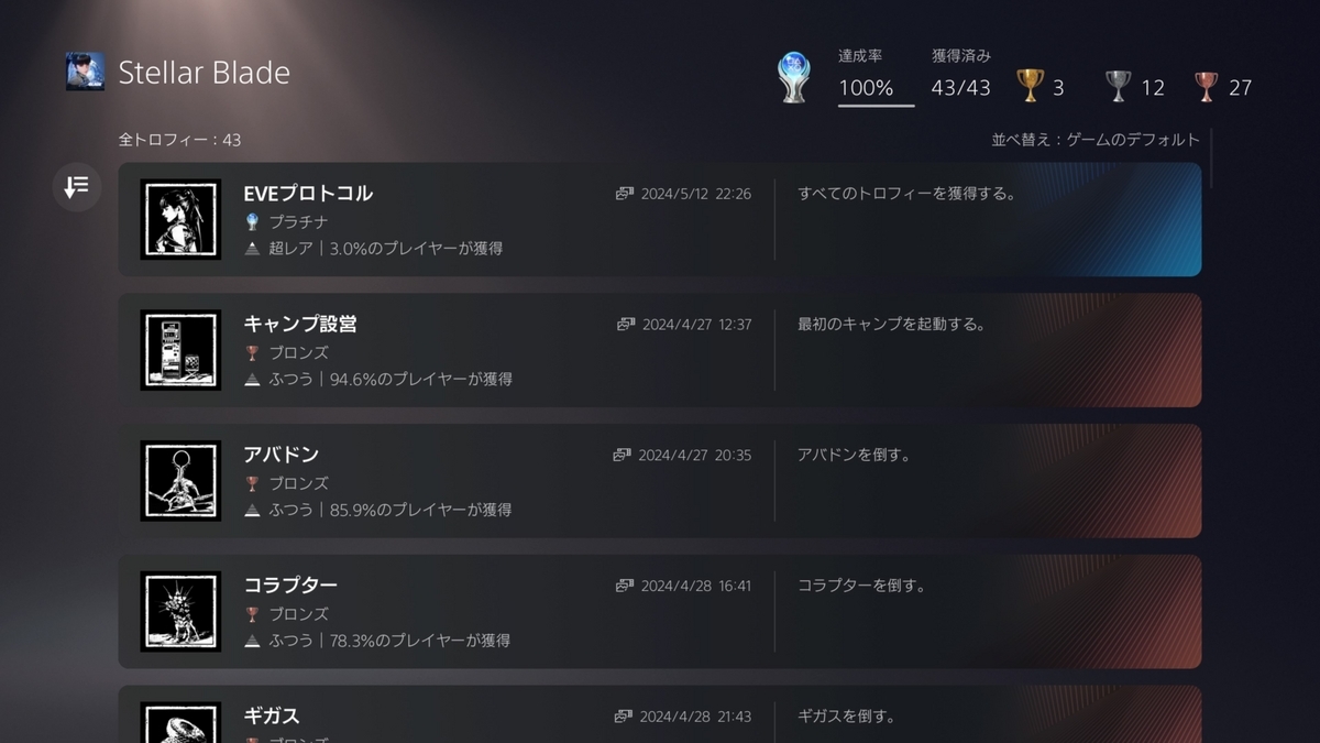 『Stellar Blade』トロフィーコンプリート