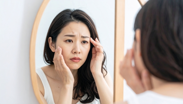 鏡を見てほうれい線を気にしている女性