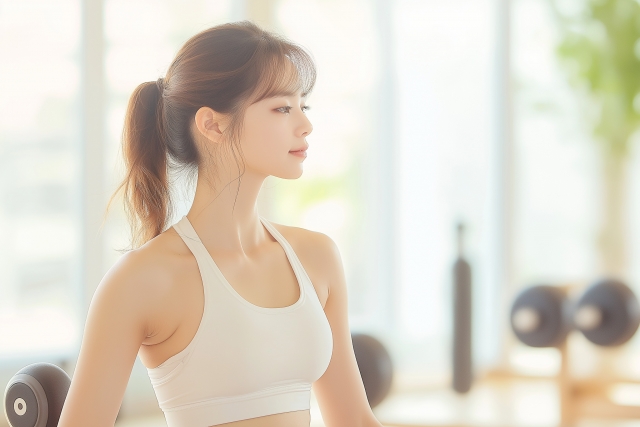 ピラティスジムでトレーニングレスト中の若い美人女性