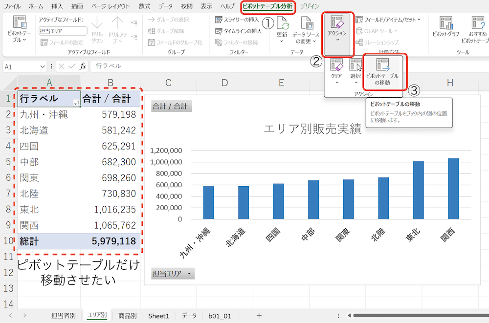「ピボットテーブルの移動」を選択する